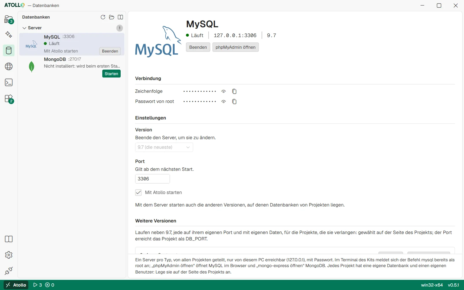 Die Seite Datenbanken, MySQL-Server