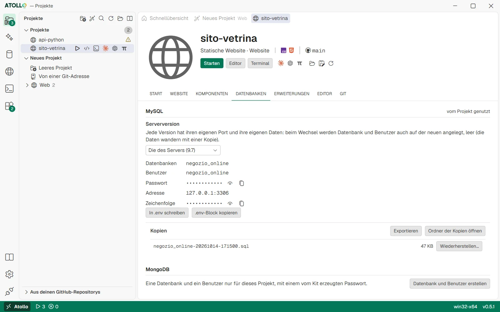 Der Abschnitt „Datenbanken“ eines Projekts
