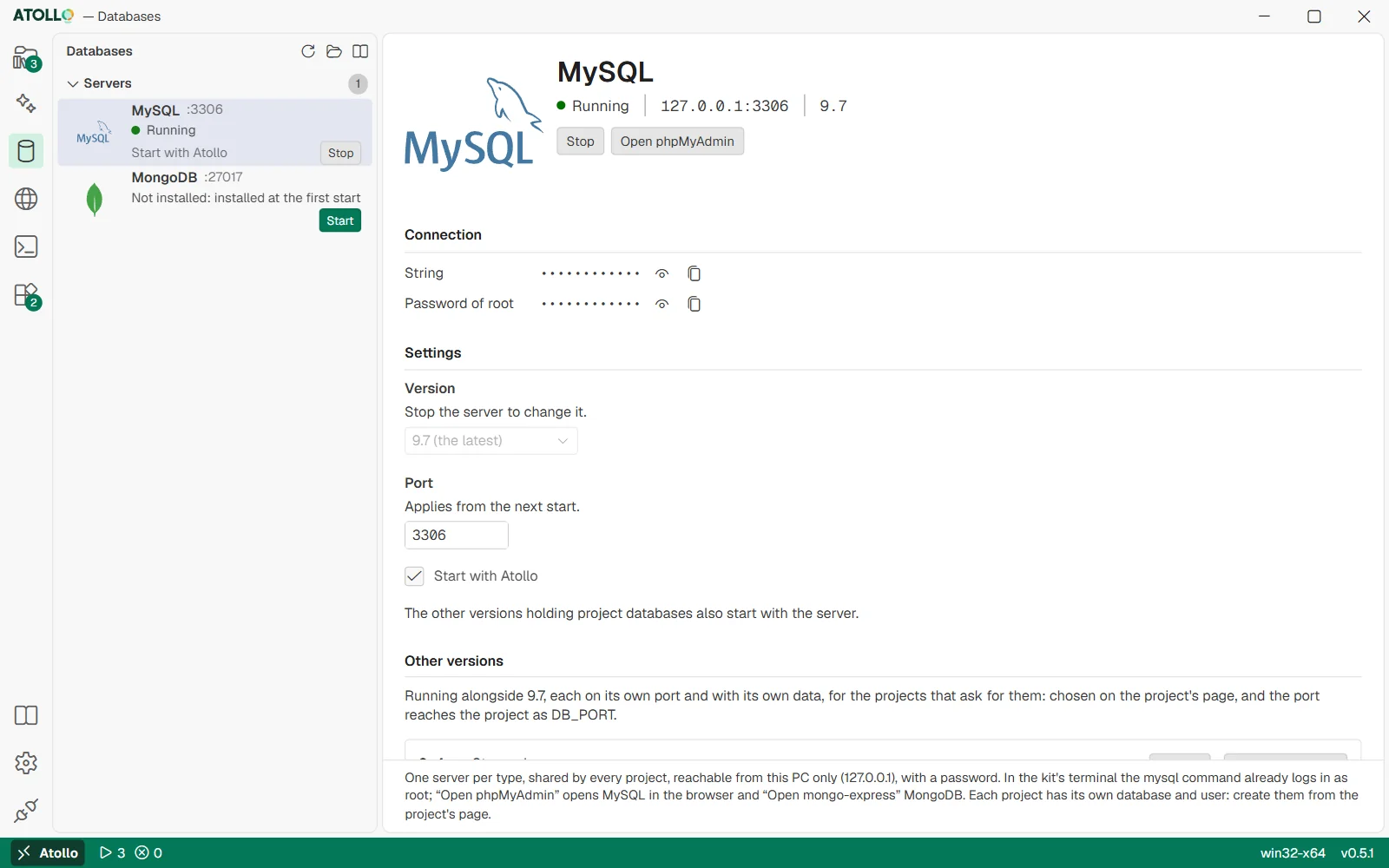 The Databases page, MySQL server