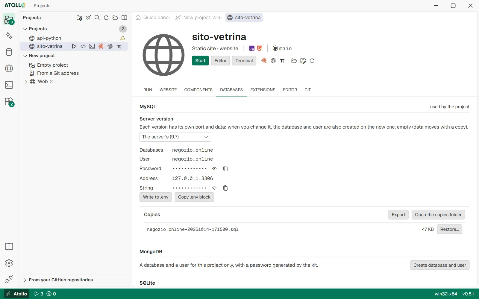 A project's “Databases” section