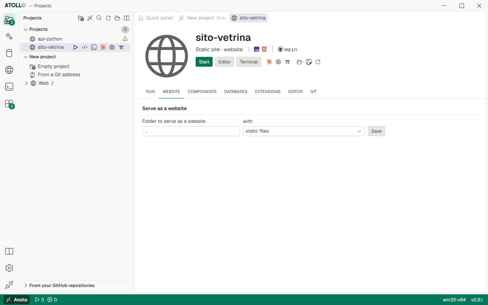 A project's “Website” section