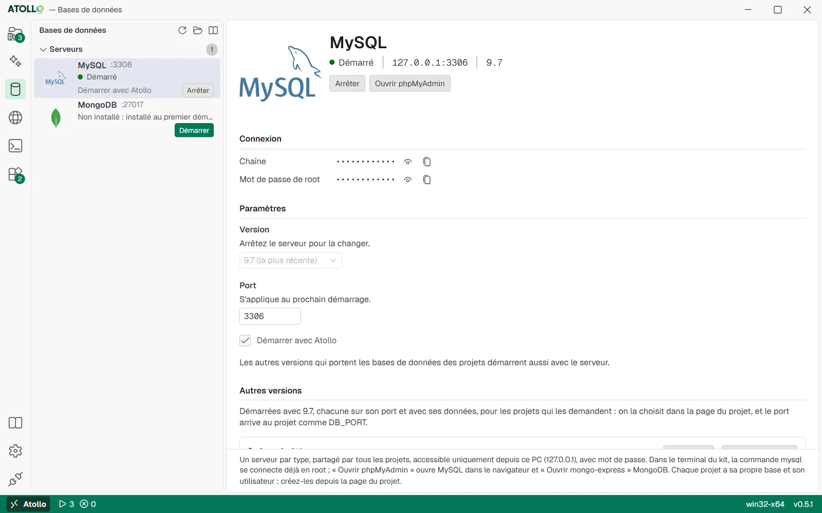 La page Bases de données, serveur MySQL