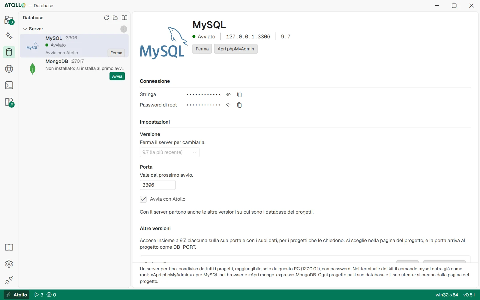 La pagina Database, server MySQL