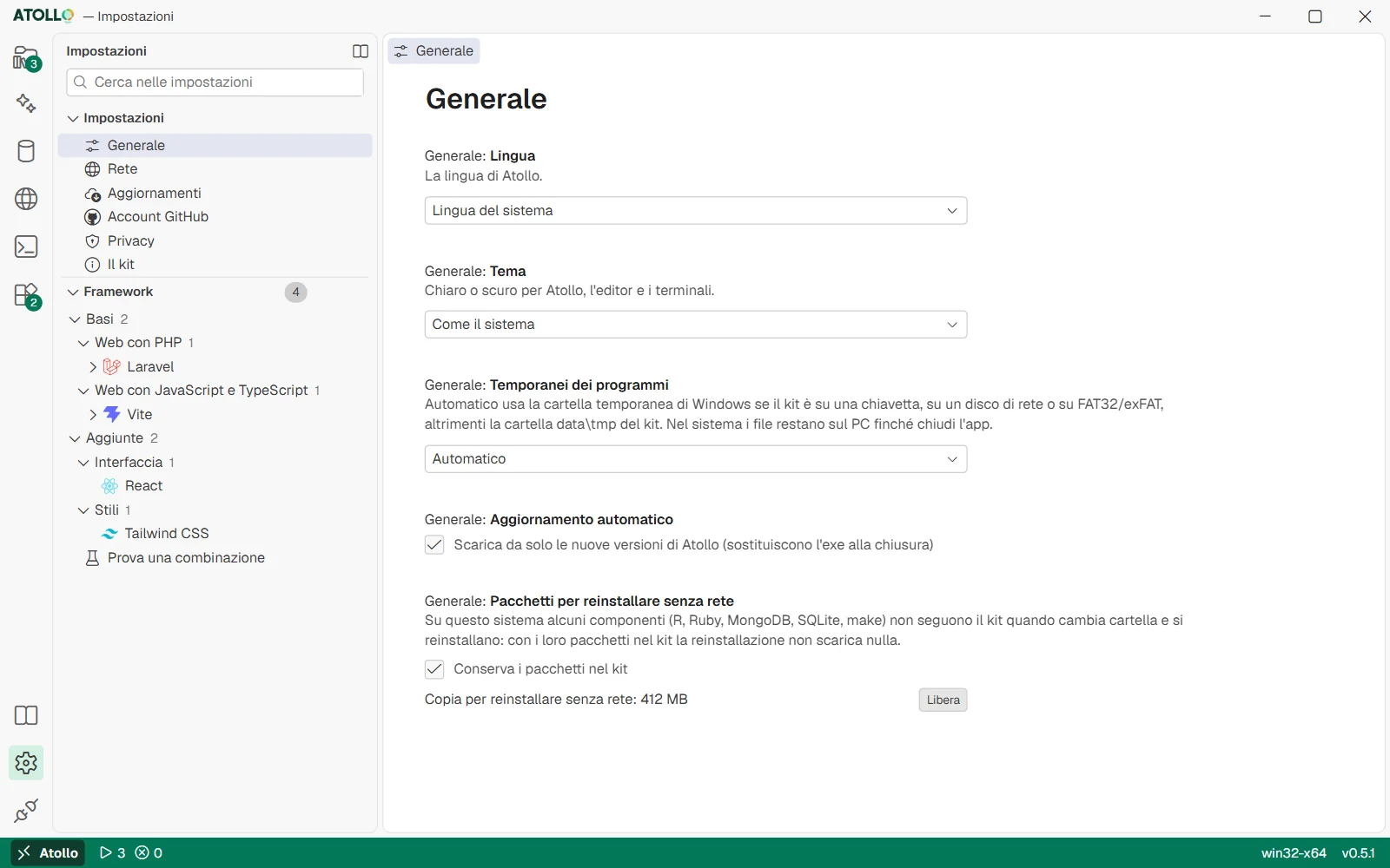 La pagina Impostazioni