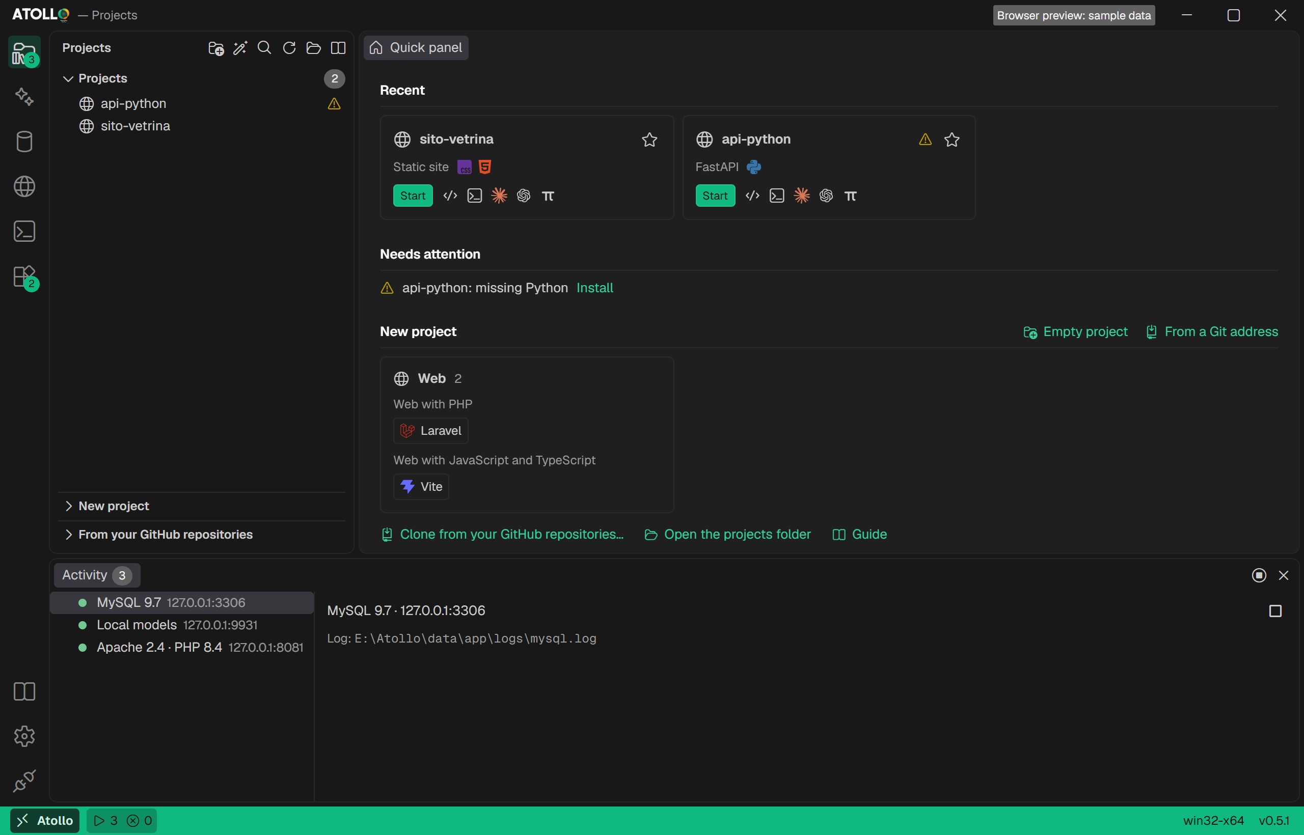 Projects: quick panel and activity