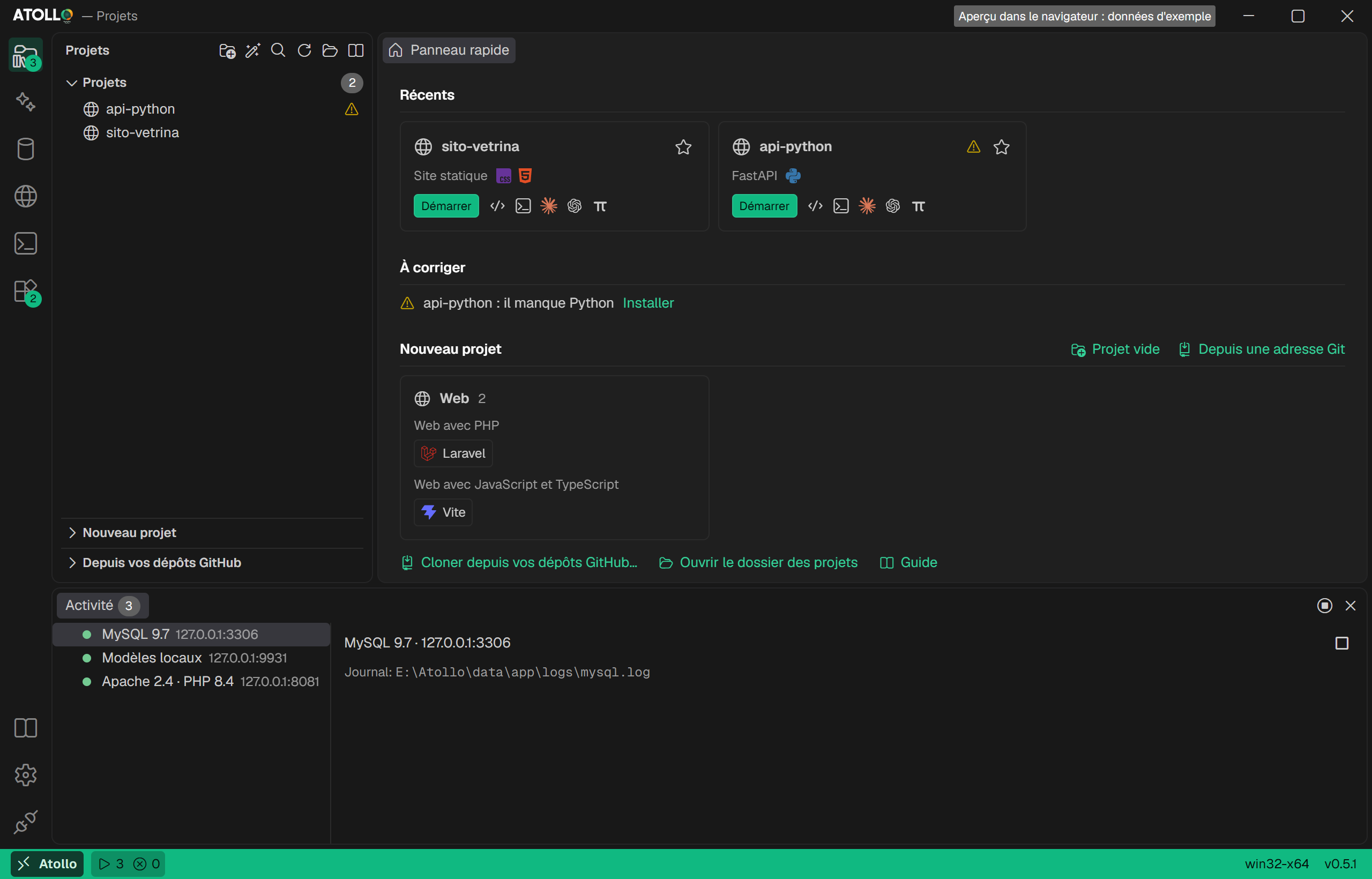 Projets : panneau rapide et activité