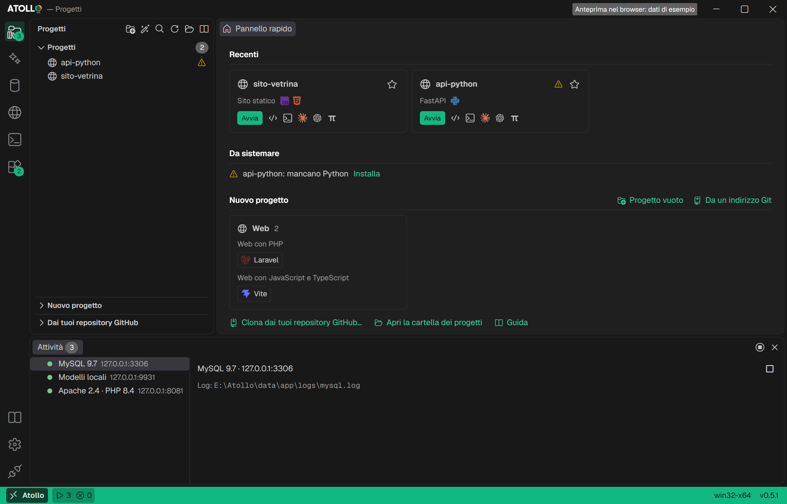 Progetti: pannello rapido e attività